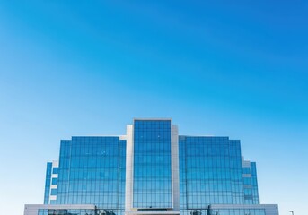 Fototapeta premium A contemporary healthcare facility featuring a polished glass facade reflects the bright sunshine beneath a wide and cloudless blue sky, windows, healthcare, urban