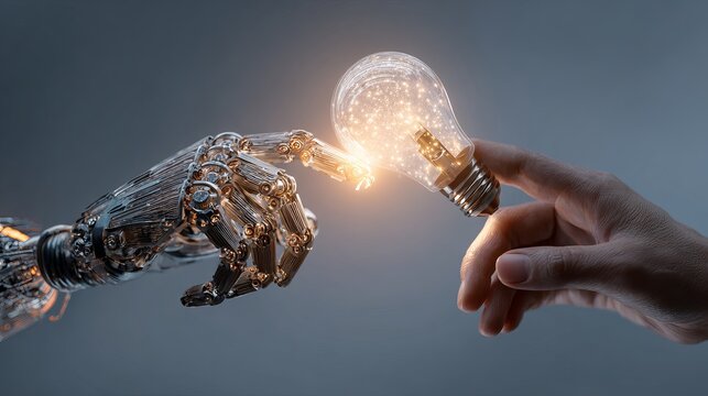 Robot and human hands touching over ai big data network with glowing brain light bulb, futuristic artificial intelligence, machine learning and innovation technology