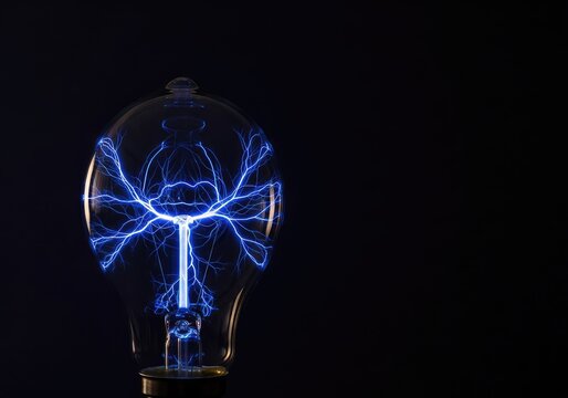 A crystal clear glass bulb containing a vibrant blue electric discharge in the shape of a lightning bolt against a deep black void, electrical, background, idea