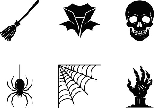Broom bat skull spider web haunted hand icon set