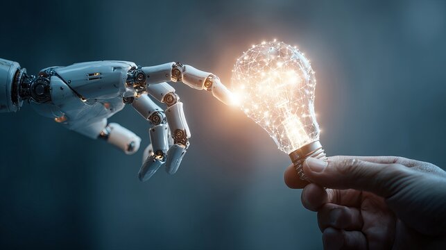 Robot and human hands touching over ai big data network with glowing brain light bulb, futuristic artificial intelligence, machine learning and innovation technology