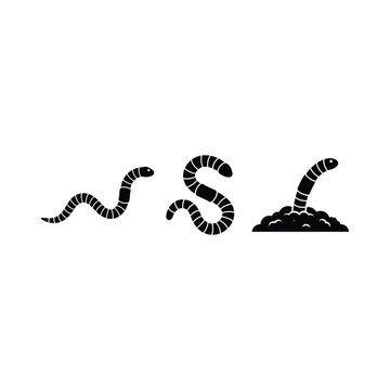 A set of three simple black and white illustrations depicting earthworms in various positions, one emerging from soil.