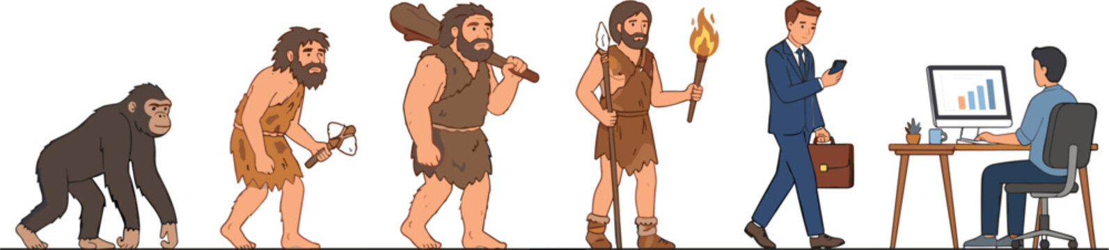 Human Evolution from Ape to Office Worker Flat Vector Illustration Featuring Cavemen with Primitive Tools and Modern Businessmen Using Computers and Smartphones