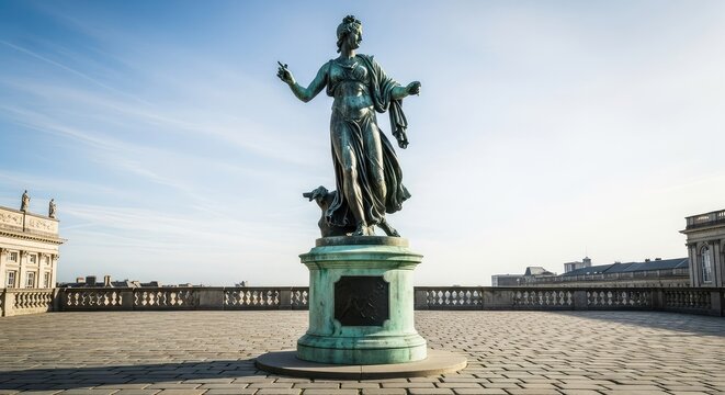 A grand bronze sculpture stands on a weathered stone pedestal within a historic public square, showcasing intricate textures and timeless art, architecture, design, bronze