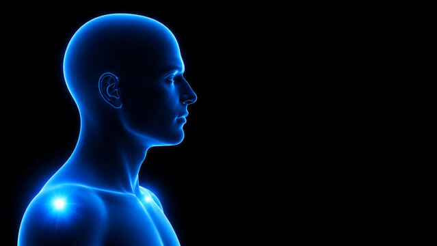A blue glowing 3D digital illustration of a human profile showing head, neck, and shoulders, agains a black background.