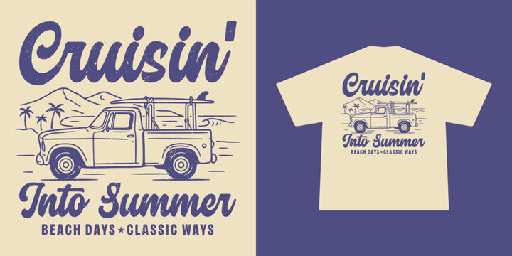 Vintage Pickup Truck T-Shirt Design with surfboard. Classic Style Typography