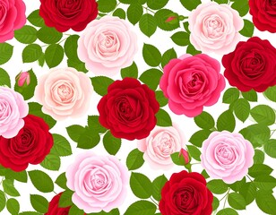 Obraz premium A vibrant seamless pattern showcasing a collection of lush roses in various shades of red and pink, interspersed with green leaves