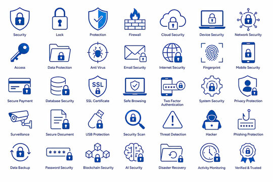 Set of blue technology and business line icons on white background