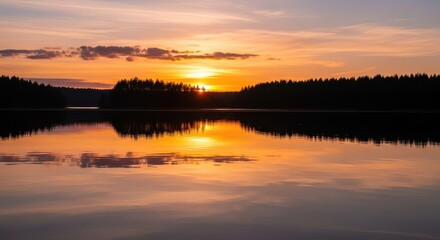 Fototapeta premium Serene Sunset Landscape with Vibrant Orange Sky and Peaceful Lake Reflection in the Forest