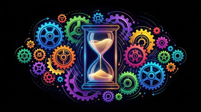 Hourglass with rotating gears. Time management concept with colorful mechanical cogs.