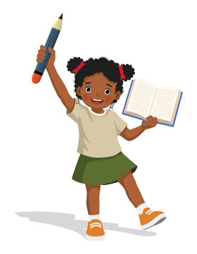 Little African girl holding big pencil and opened book