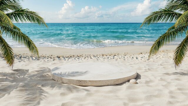 Tropical beach podium background perfect for product displays presentations and virtual events with ocean view