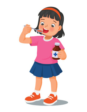 Sick girl taking medicine syrup from a spoon
