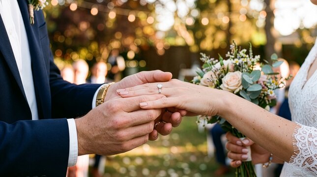 Groom placing wedding ring on bride finger. Marriage ceremony close up of couple holding hands. Engagement event outdoors with blurred floral bouquet background.
