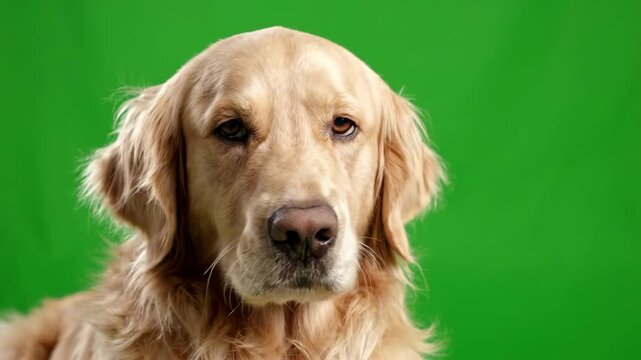 Close up shot of a fluffy golden retriever dog licking its wet nose against a bright green screen background