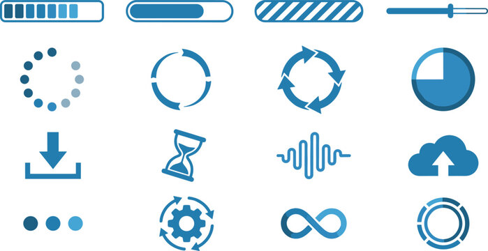 Blue loading bar progress indicator download upload and status update icon set on white background