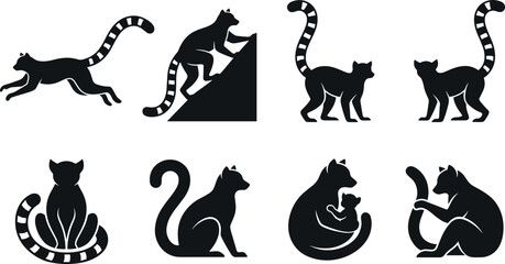 Ring Tailed Lemur Silhouette Collection with Running, Climbing, Sitting, Standing, Family, and Grooming Primate Poses Isolated Wildlife Vector Set © MstSuborna
