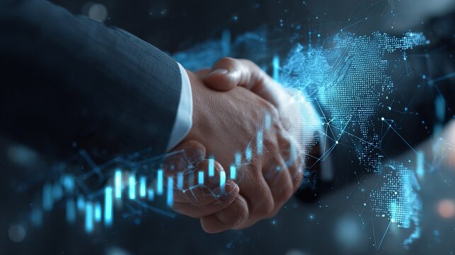 Businessmen handshake with global stock market graph, globe network, digital technology, partnership and teamwork concept
