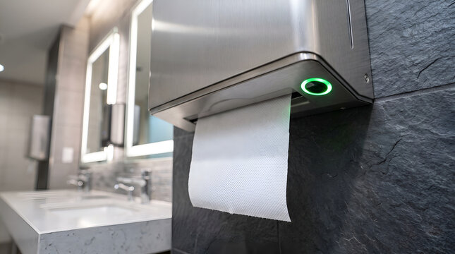 Automatic Paper Towel Dispenser with Green Proximity Sensor in Modern Office Restroom