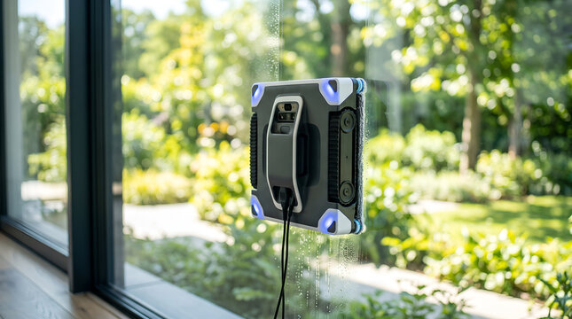  Smart Window Cleaning Robot with Blue Sensor Light Operating on Glass Window Pane