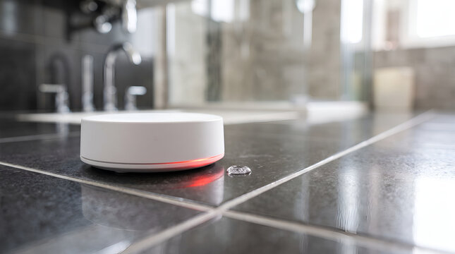 Smart Water Leak Detector on Dark Tile with Red Warning Sensor Light Ring Proximity