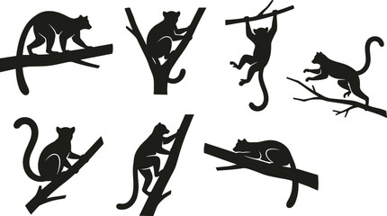 Ring Tailed Lemur Tree Silhouette Collection with Climbing, Hanging, Walking, Sitting, and Resting Primate Poses Isolated Wildlife Vector Illustration Set © MstSuborna