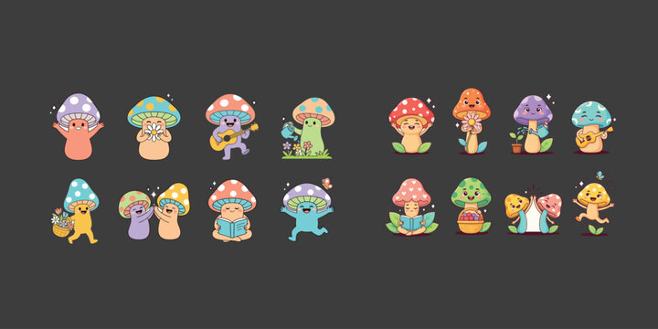 Cute cartoon mushroom characters engaged in various fun and playful activities and hobbies