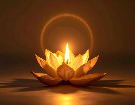 Golden lotus candle floating on water surface with soft warm glow and bokeh background