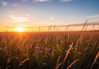 Obraz premium Soft golden sunlight illuminates a peaceful meadow filled with tall amber grass and delicate wild flowers during a quiet autumn sunset, dry, environment, calm