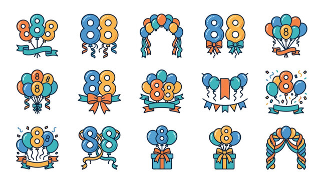 Modern Colorful 88th Birthday Balloon Bundle Designs with Ribbons Banners and Gift Boxes with high quality professional line art symbols for modern creative design and digital branding projects