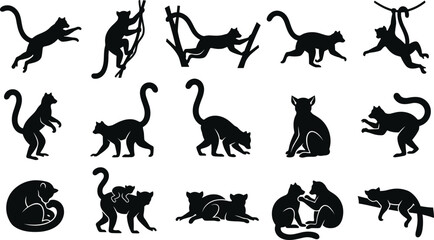 Ring Tailed Lemur Silhouette Collection with Climbing, Jumping, Walking, Sitting, Sleeping, Playing, and Hanging Primate Poses Isolated Wildlife Vector Set © MstSuborna