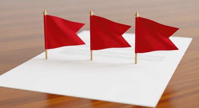 Three red flags are positioned on a paper document resting on a wooden desk, representing an urgent warning, security risk, or fraud alert, color, fraud, sheet