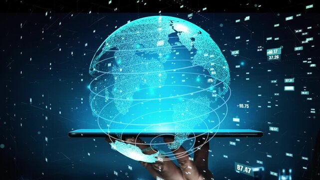 A futuristic concept showing a digital globe held above a smartphone, with diverse data visualizations and analytics floating in a high-tech ambiance, representing global connectivity. Xenic