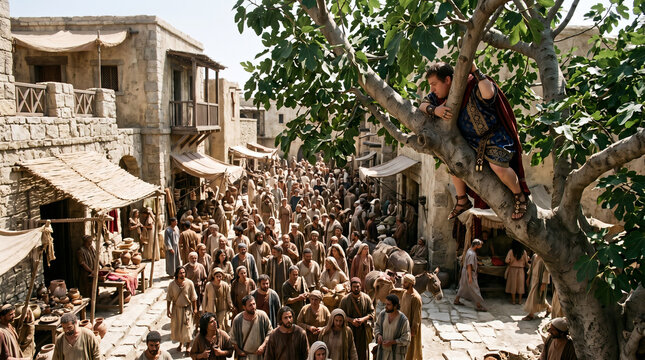 Zacchaeus the tax collector climbing a leafy sycamore tree to see Jesus passing through the crowded streets of Jericho