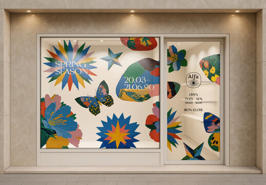 Vibrant Storefront Window Display Mockup With Floral Patterns PSD