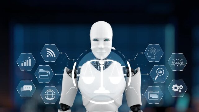 A humanoid robot engages with a digital interface featuring technology icons and a balance symbol, exploring the intersection of AI, ethics, and innovation in society. Synapse