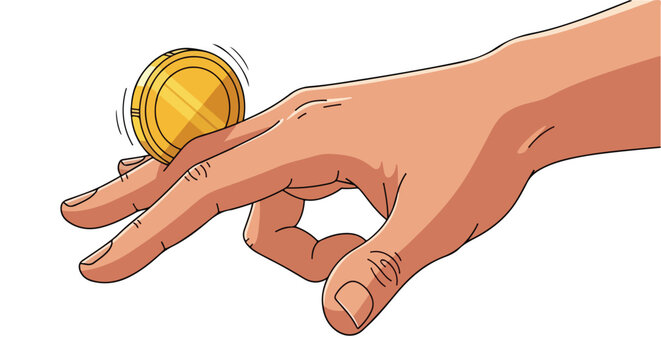 A hand spins a gold coin between two fingers
