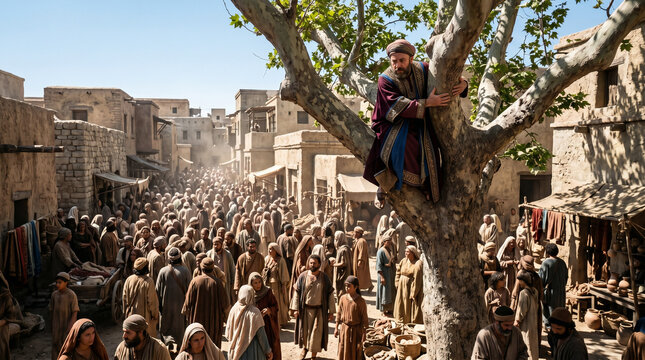 Zacchaeus the tax collector climbing a leafy sycamore tree to see Jesus passing through the crowded streets of Jericho
