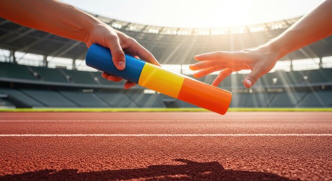 A close shot captures a colorful baton being transferred at high speed on a textured red lane inside a massive sunlit sports architecture, transfer, event, baton