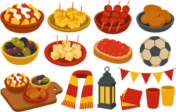 Spanish Football Watch Party Food vector illustration collection with patatas bravas, tortilla espa&ntilde;ola bites, chorizo skewers, croquetas