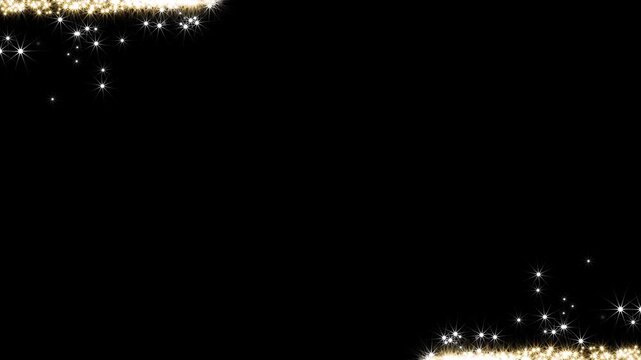Golden shiny and glittering particles border frame on black background animation, Gold frame, glittering rectangle animated on transparent background. Seamless loop, firework of glittery ring shimmer