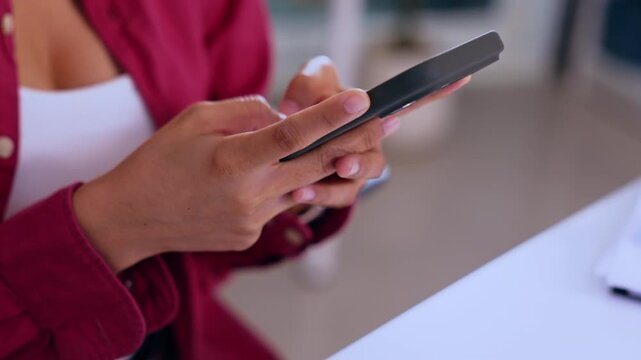 Smartphone Hand Woman Texting Mobile Device Touch Screen Indoor Casual Communication Closeup Online Chat Message Finger On Table Background