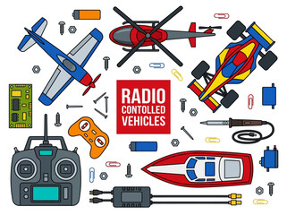 Obraz premium Radio Controlled Vehicles Vector Set with RC Plane, Car, Boat, Helicopter, and Hobbyist Tools