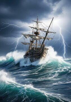 A massive wooden vessel navigates through giant cresting waves during a powerful maritime tempest under dark clouds and lightning strikes, boat, adventure, horizon