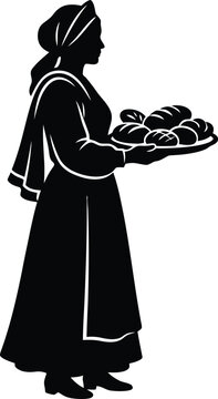 Vintage baker woman silhouette holding fresh bread tray, traditional village girl carrying bakery buns, rustic female peasant vector illustration isolated on Transparent Background