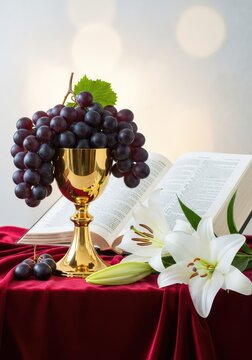A religious still life featuring a golden chalice, purple grapes, an open sacred book, and white flowers on a soft light blurred background, scripture, faith, liturgical
