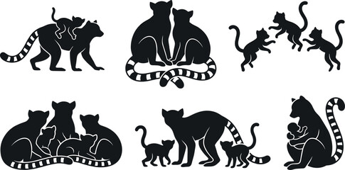 Ring Tailed Lemur Family Silhouette Collection with Adult and Baby Primate Poses, Playing, Sitting, Caring, and Social Wildlife Vector Set © MstSuborna