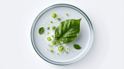 Obraz premium Laboratory petri dish with green leaf extracting exosome spheres
