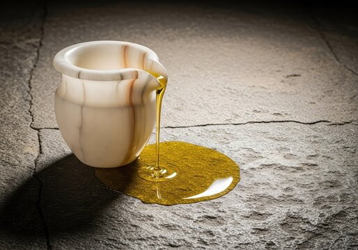 An elegant alabaster vessel rests beside a spreading puddle of golden oil on a textured stone floor, captured in dramatic side lighting, perfume, ritual, shadow