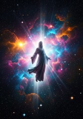 Naklejka premium An ethereal spiritual figure draped in robes drifting through colorful deep space nebulae surrounded by bright stars and cosmic light, art, aura, dreamlike
